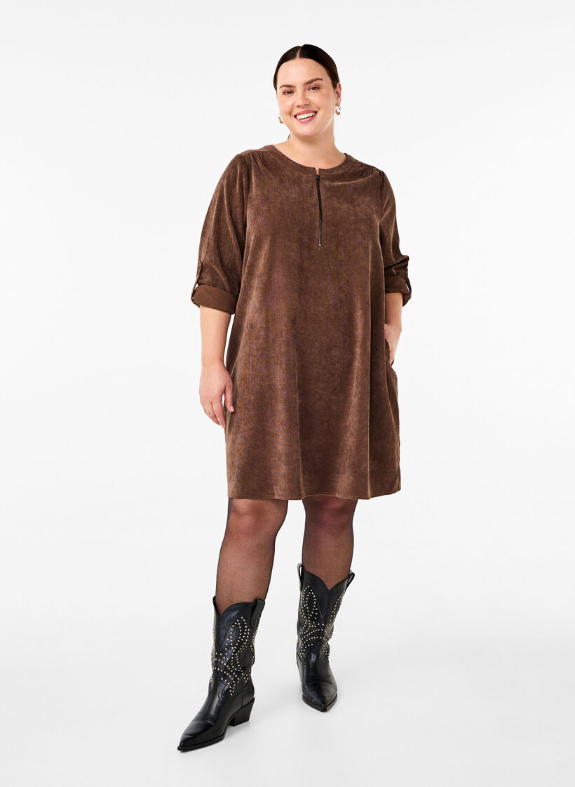 Robe en velours avec détail de fermeture éclair, Chocolate Martini, Model image number 2