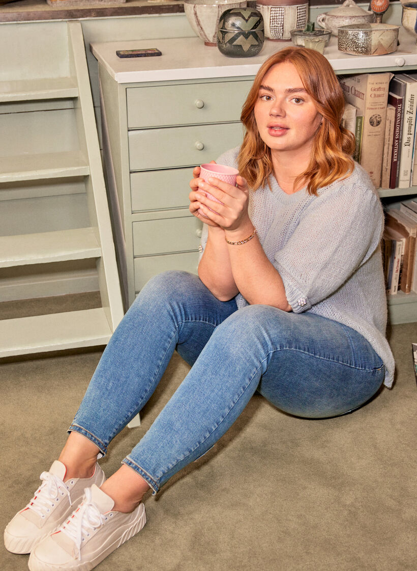 Jean Amy court avec taille haute et nœud, Blue denim, Image image number 0