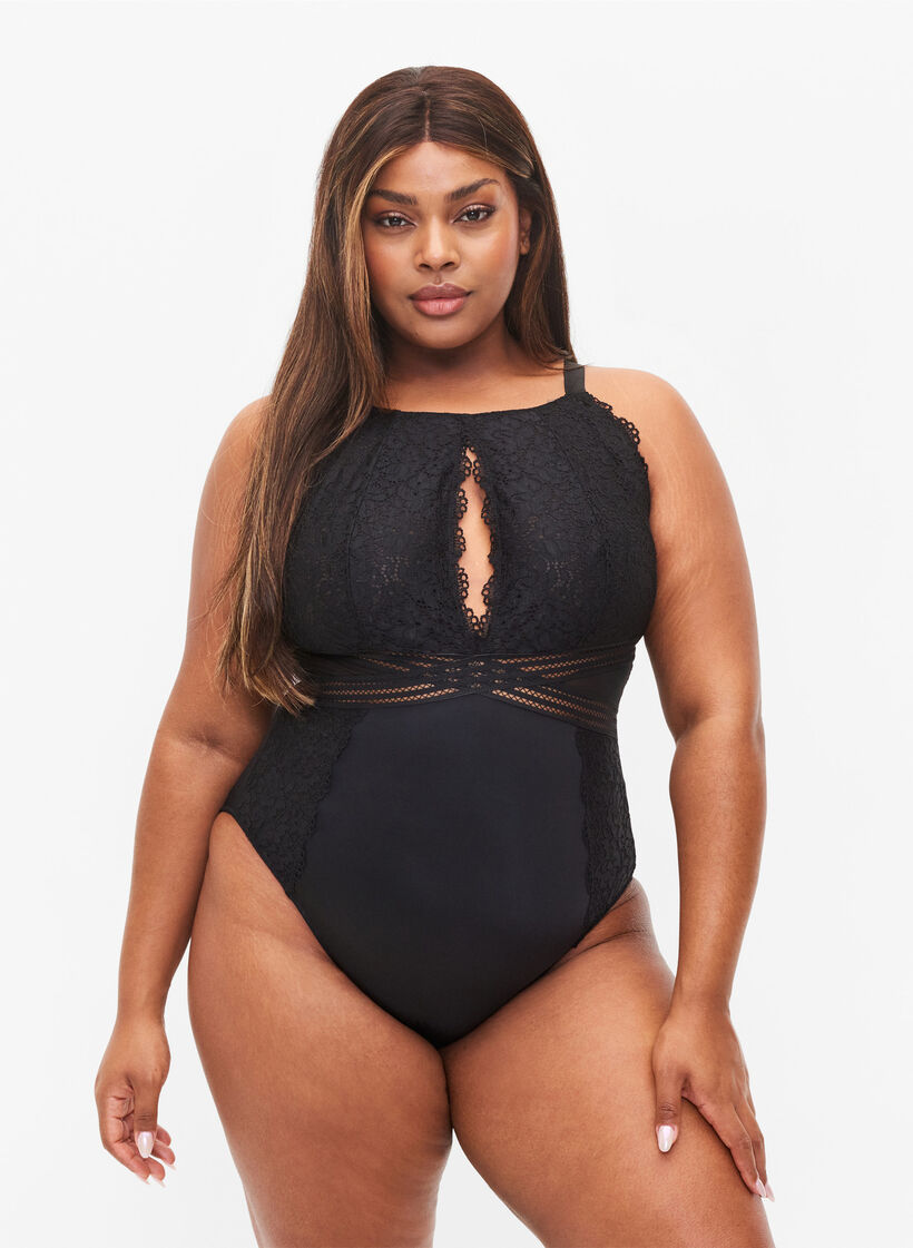 Body avec dentelle et découpes, Black, Model image number 0