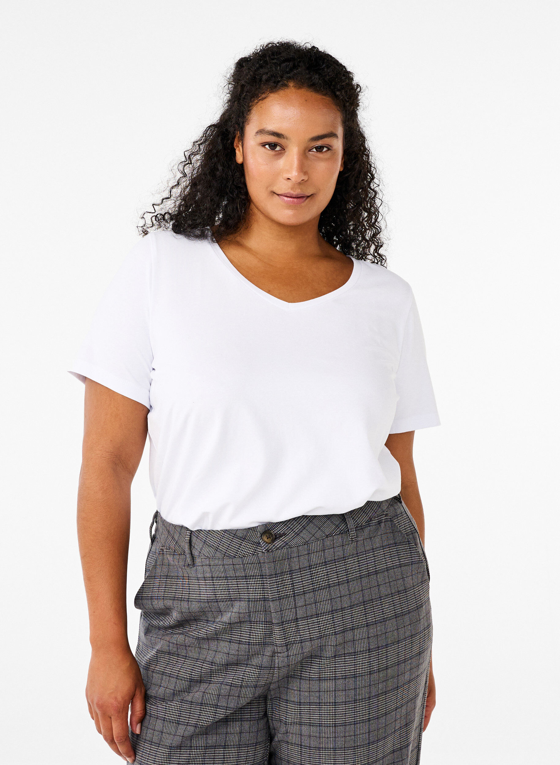 T-shirt en coton uni basique, Blanc, Model