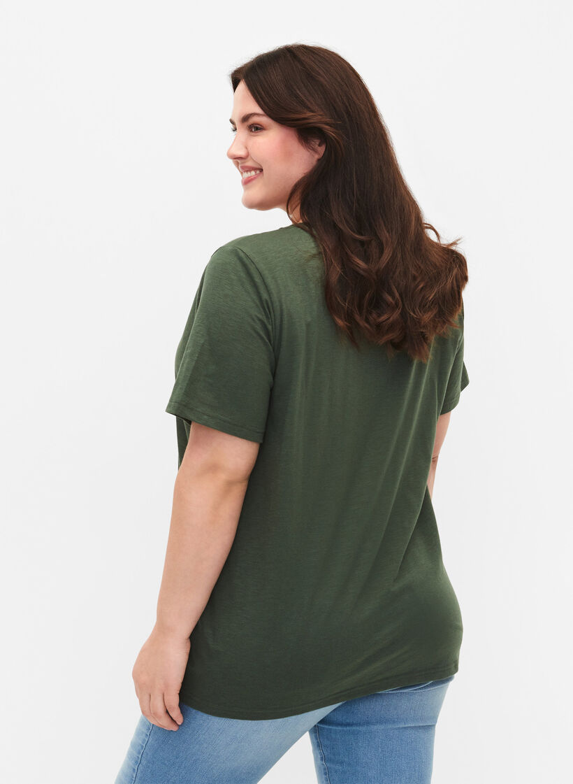 T-shirt basique &agrave; manches courtes et col en V, Vert, Model image number 2