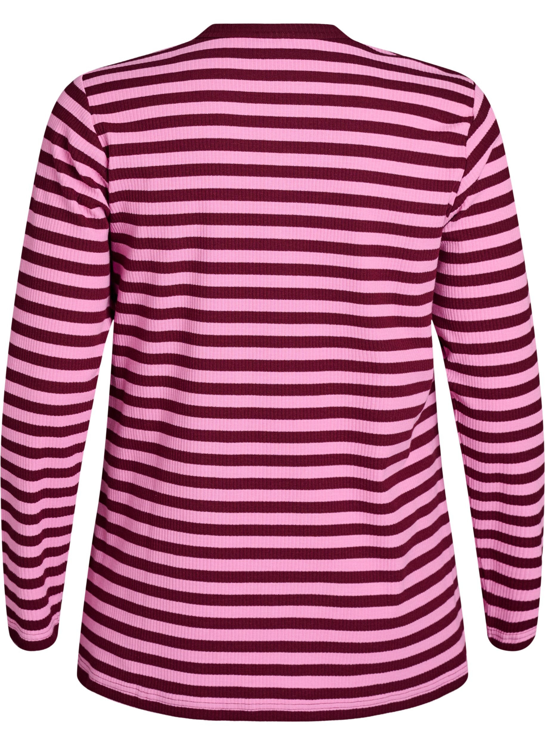 Zizzi Gestreifte Jerseybluse mit Rippstruktur, Pink, Packshot image number 1