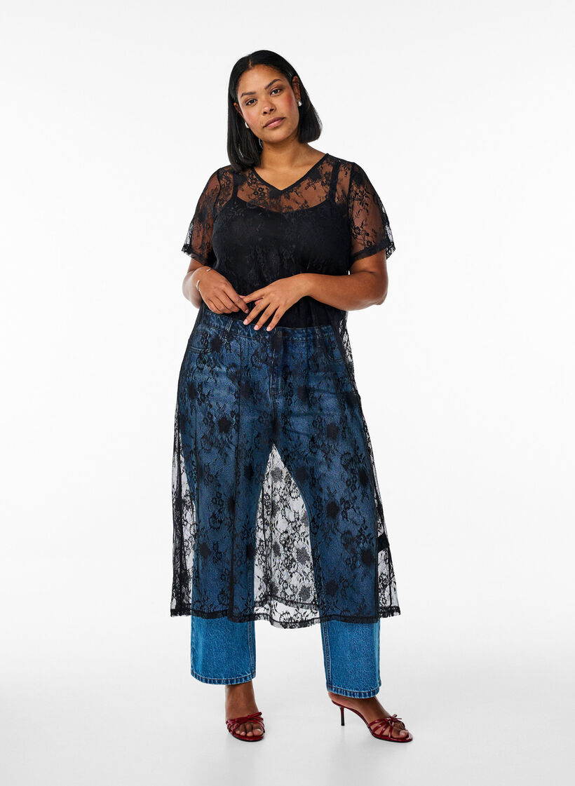 Robe midi en dentelle à la coupe évasée, Black, Model image number 0