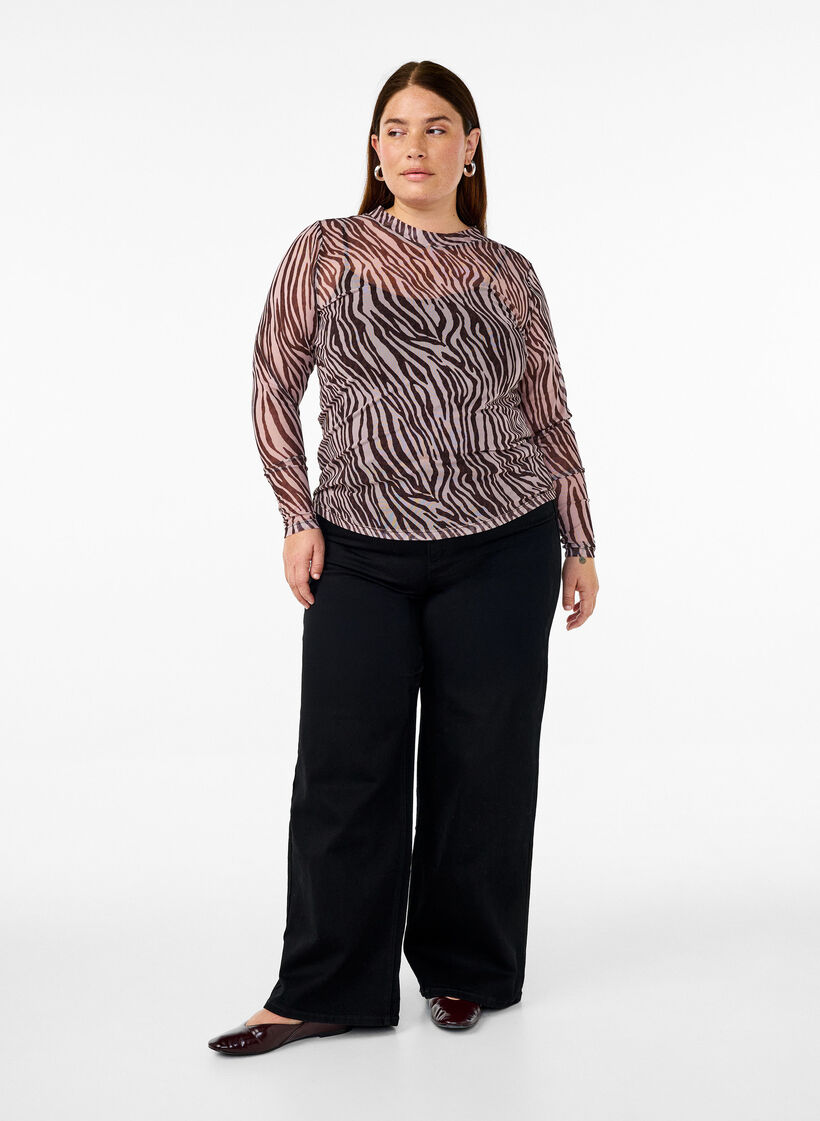 Mesh-Top mit Zebraprint, Schwarz, Model image number 1