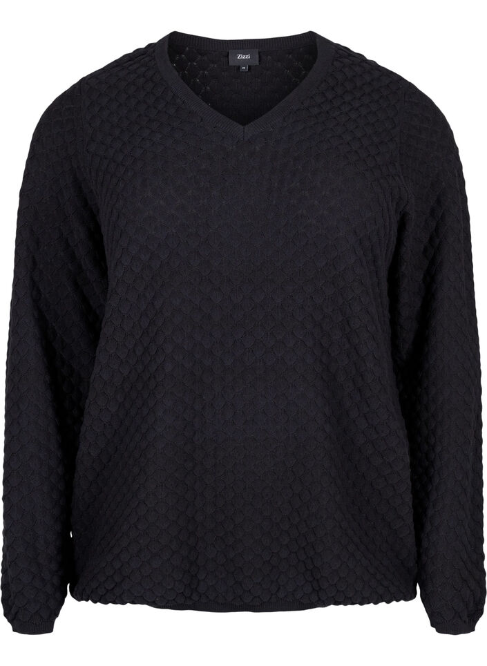 Pull en maille à motifs avec col en V, Black, Packshot image number 0