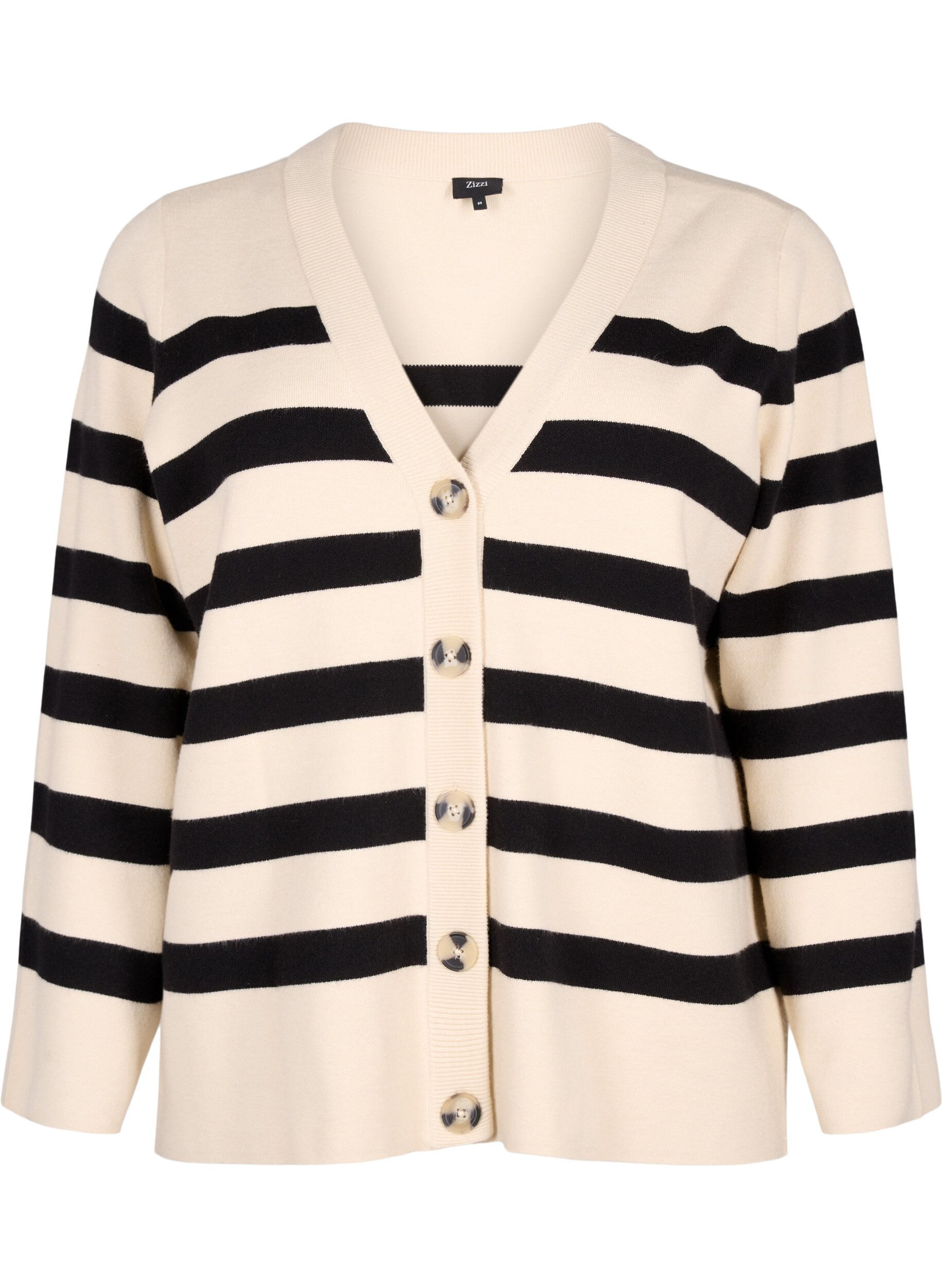 Zizzi Cardigan en maille ray&eacute; avec col en V, Birch w. Black, Packshot image number 0