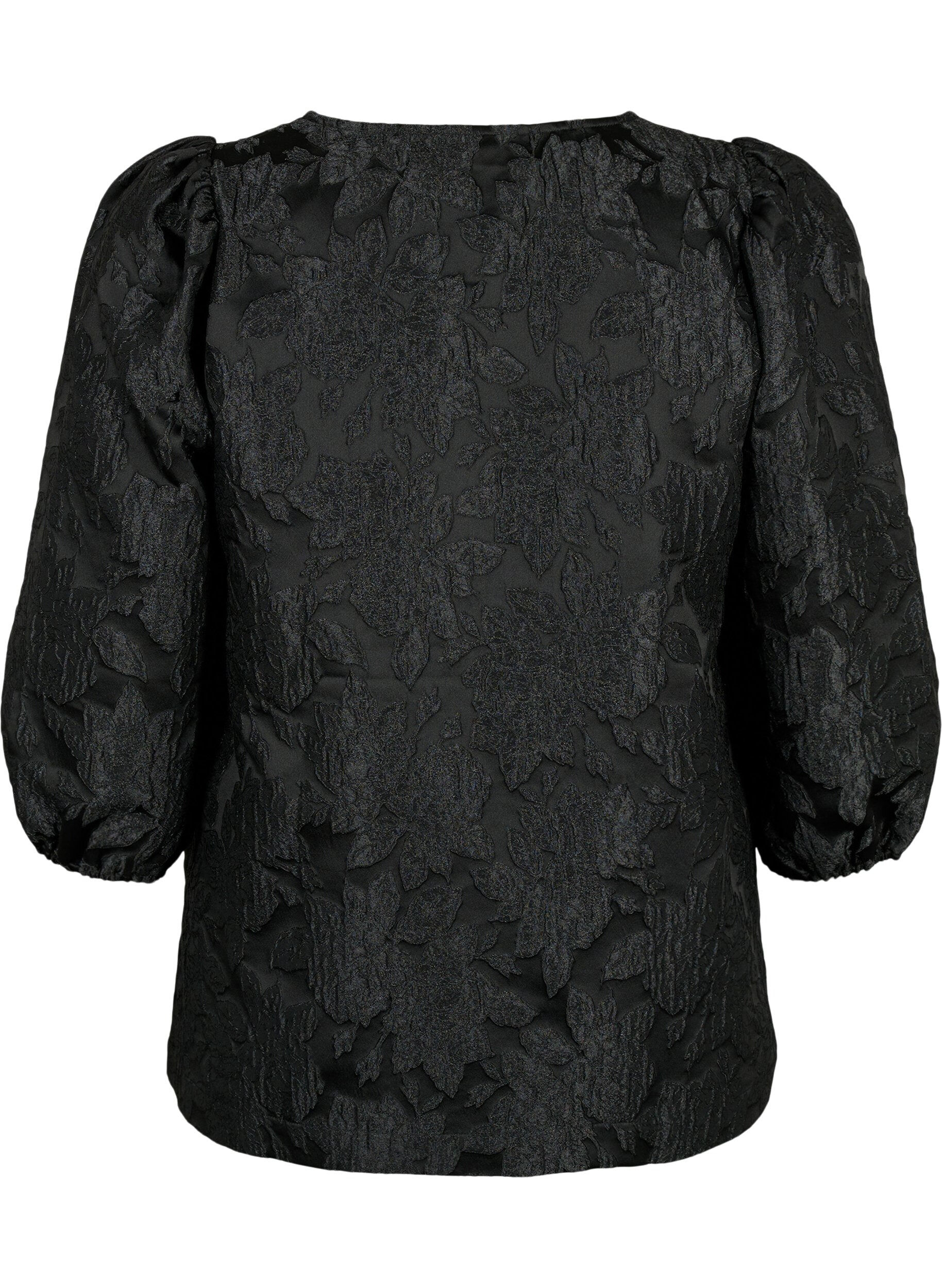 Zizzi Blouse jacquard avec manches 3/4, Black, Packshot image number 1