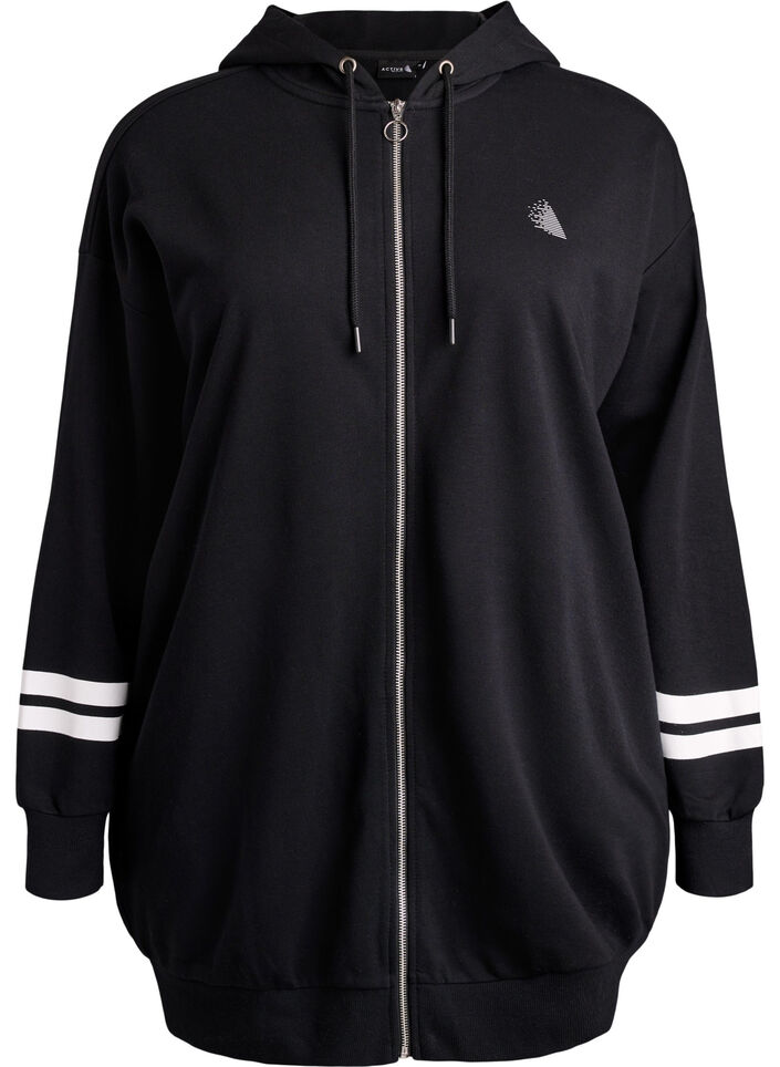Lange Sweat-Strickjacke mit Printdetails, Schwarz, Packshot image number 0