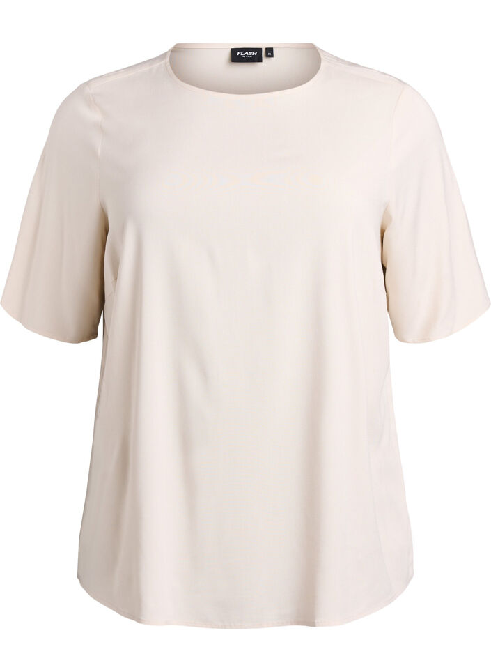 Kurz&auml;rmelige, gewebte Bluse mit Rundhals, Beige, Packshot image number 0