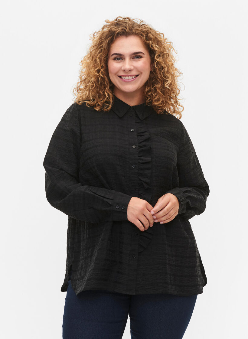 Chemise avec structure et détails volantés, Black, Model image number 0