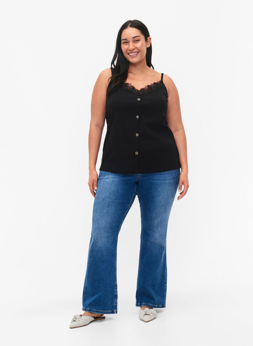 Träger-Top mit Spitzenbesatz und Knöpfen, Black, Model image number 1