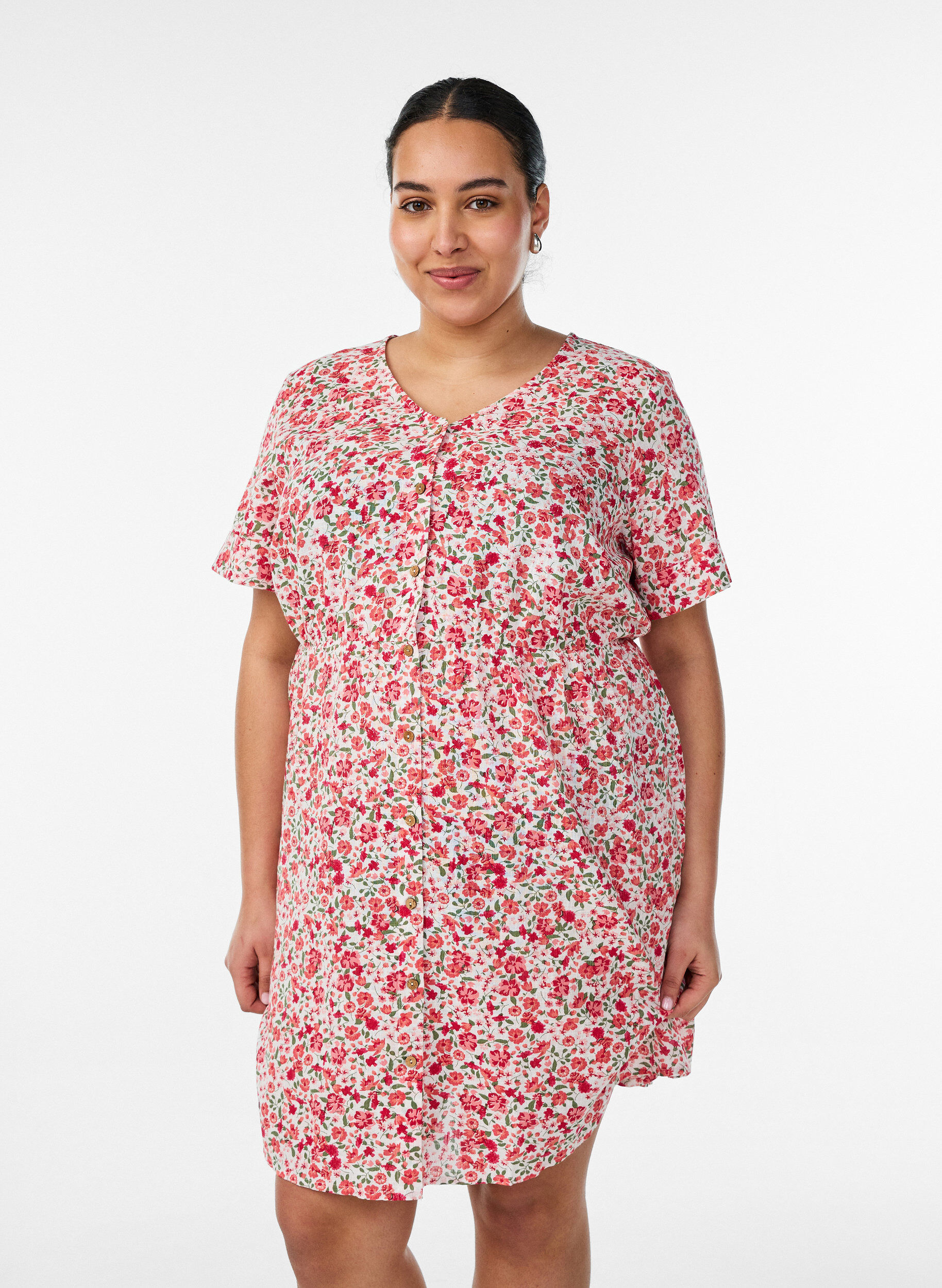 ZizziKurzes Kleid aus Baumwolle mit Blumenprint, Rot, Model image number 0