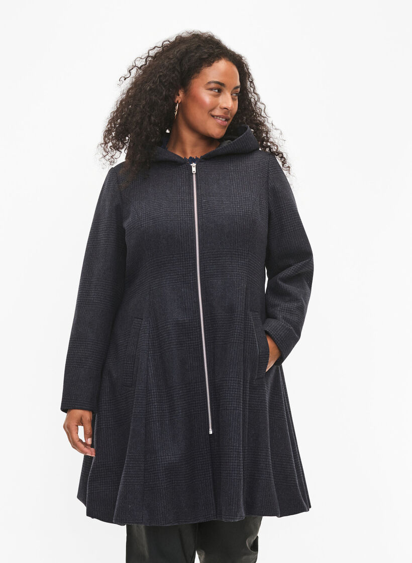 Karierter Mantel mit Wolle, Dark Grey Melange, Model image number 0