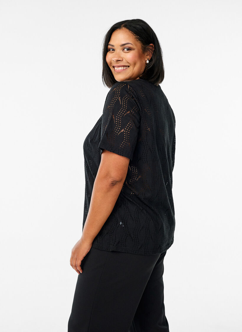 T-shirt en jersey &agrave; motif ajour&eacute;, Noir, Model image number 2