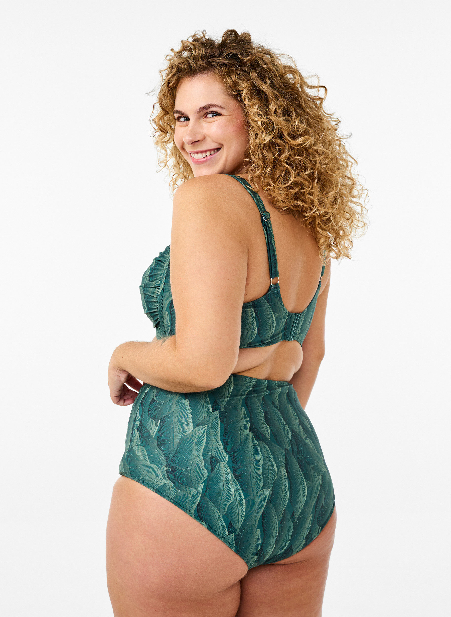 Zizzi Culotte de bikini imprim&eacute;e et taille haute, Vert fonc&eacute;, Model image number 1