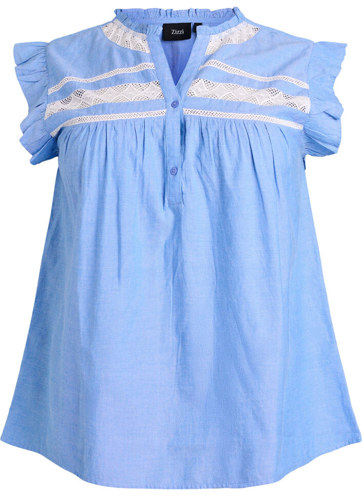 &Auml;rmellose Bluse aus Baumwolle mit R&uuml;schenkanten, Blau, Packshot image number 0