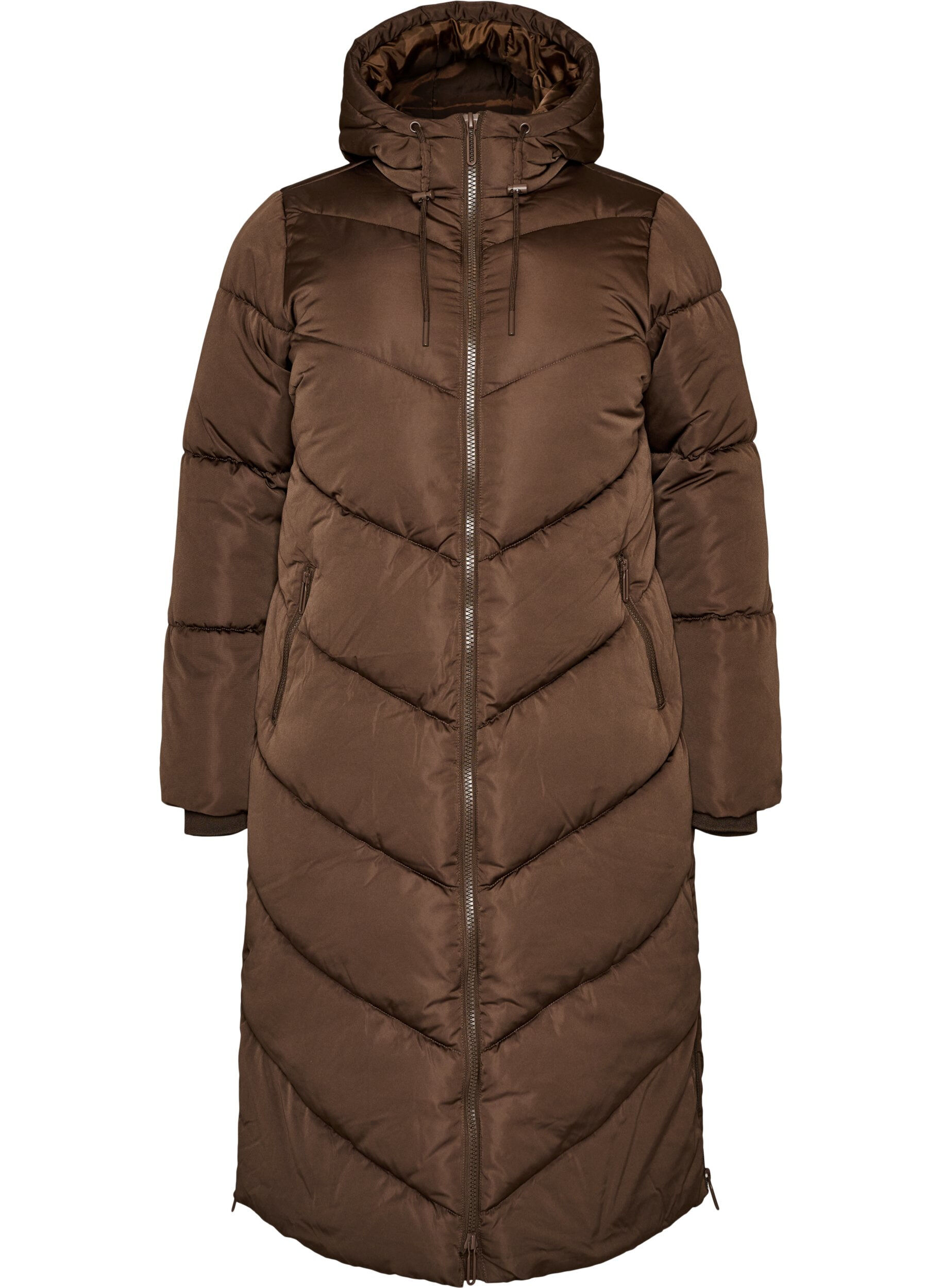 ZizziDoudoune longue avec capuche et poches, Marron, Packshot image number 0