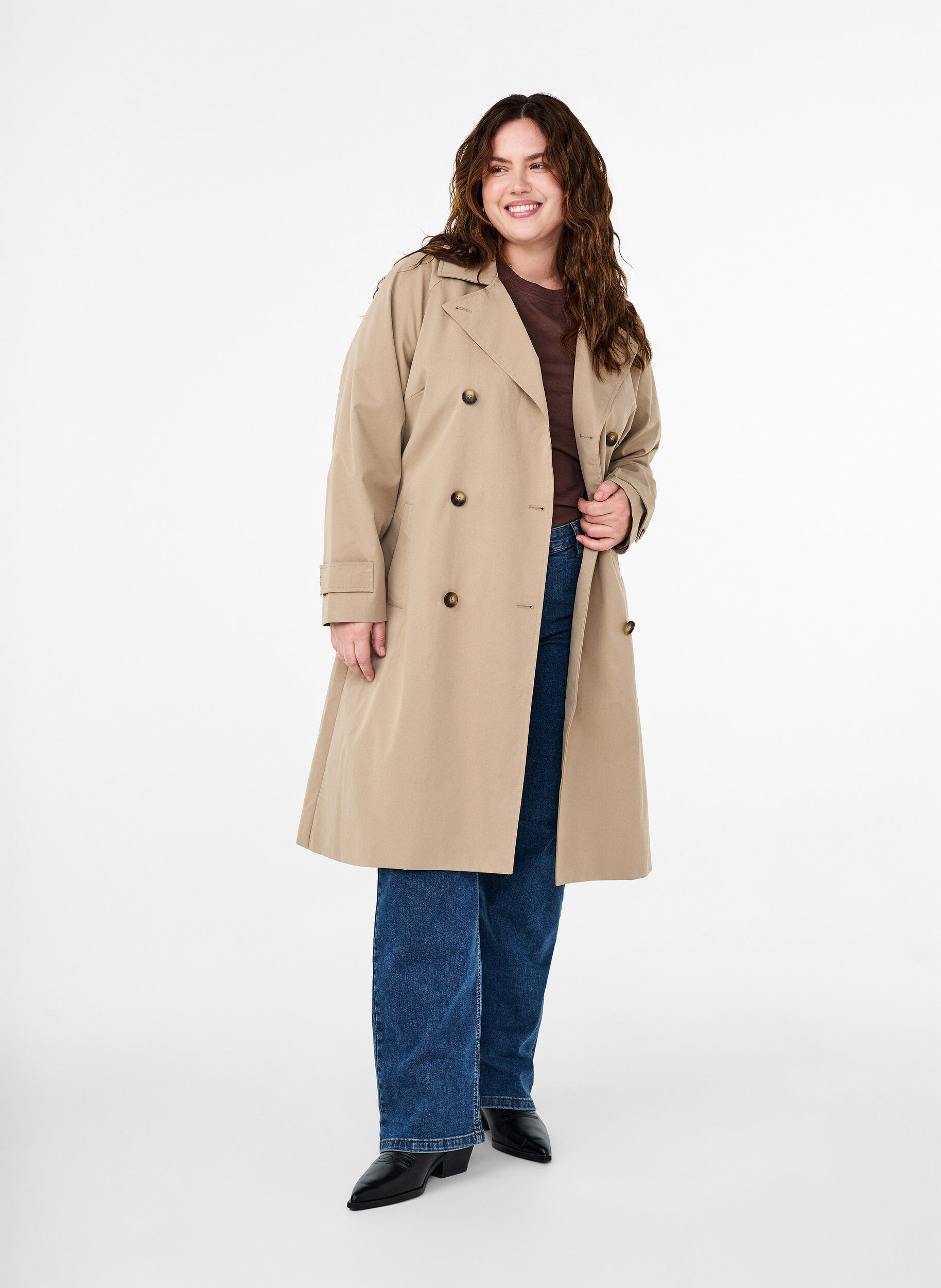 Zizzi Klassischer langer Trenchcoat mit G&uuml;rtel, Chinchilla, Model image number 3