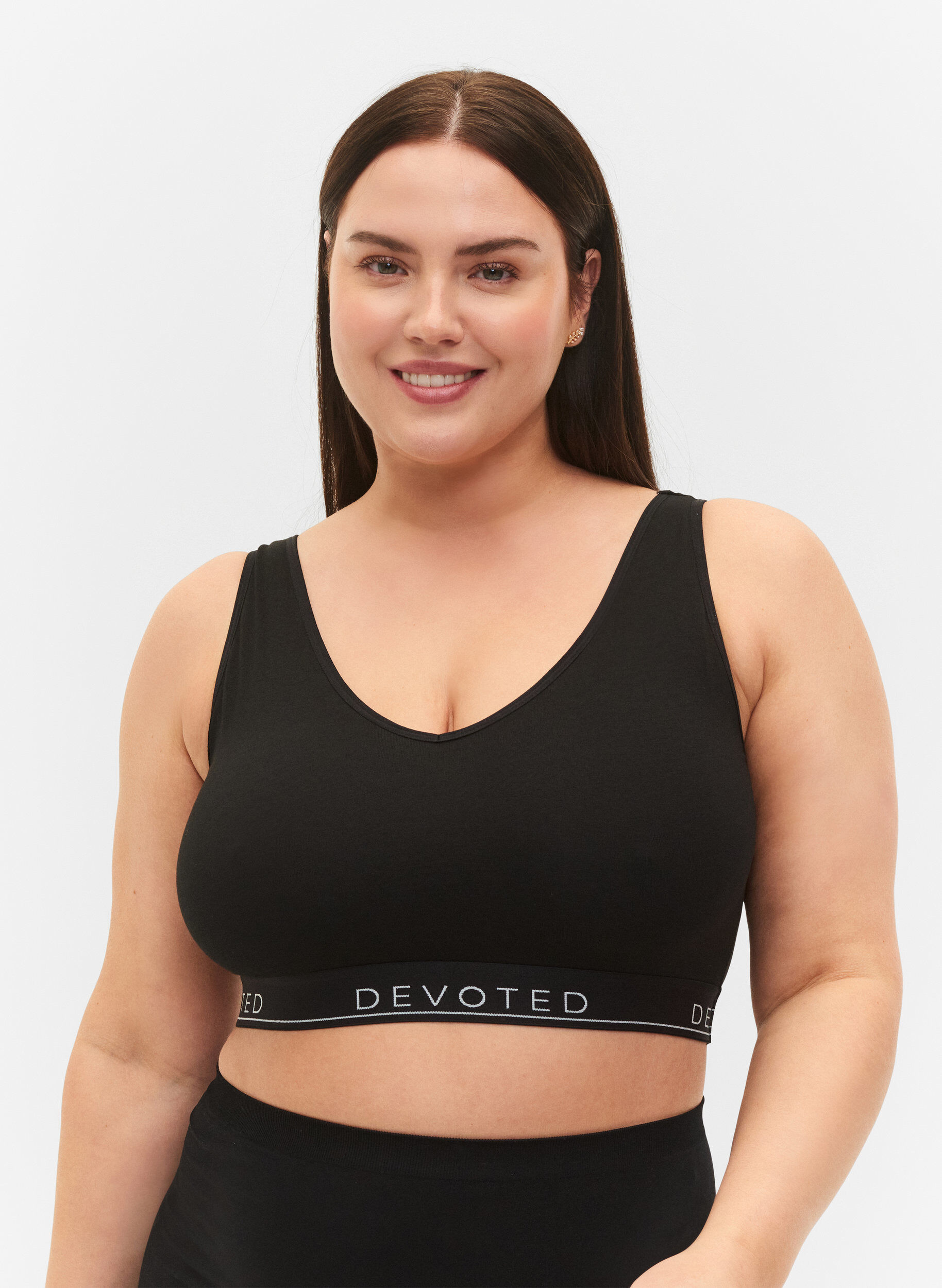 Zizzi Soutien-gorge en coton non rembourr&eacute; avec impression de texte, Black/Upper Font, Model image number 0