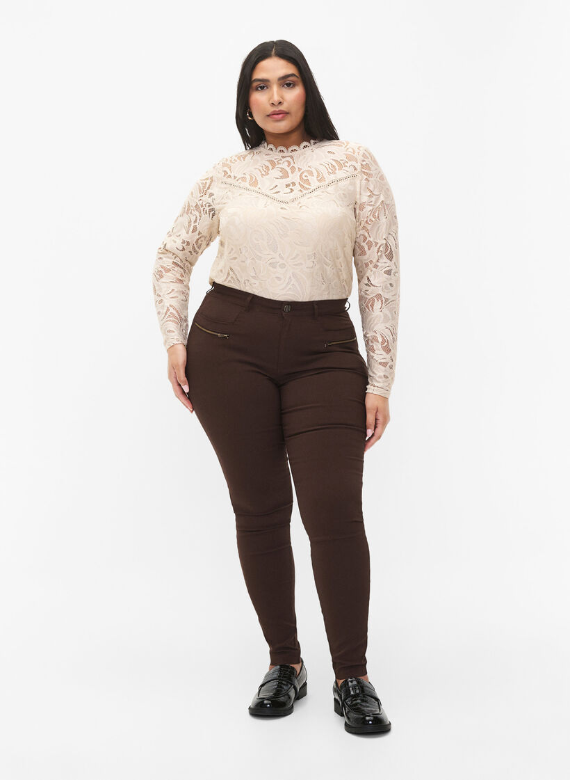 Pantalon moulant avec d&eacute;tails de fermetures &eacute;clairs , Marron, Model image number 0
