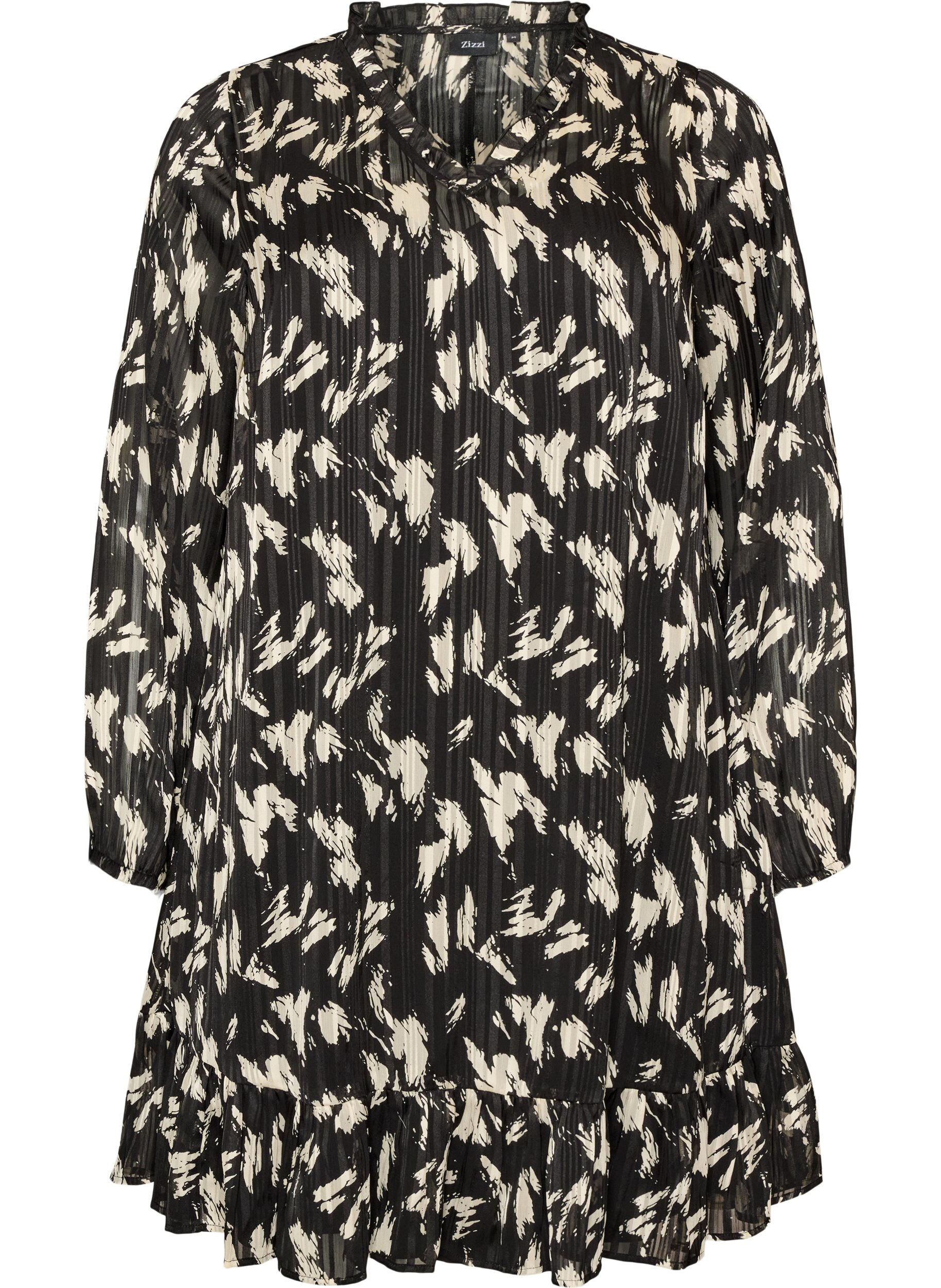 ZizziGemustertes Kleid mit R&uuml;schen und langen &Auml;rmeln, Schwarz, Packshot image number 0