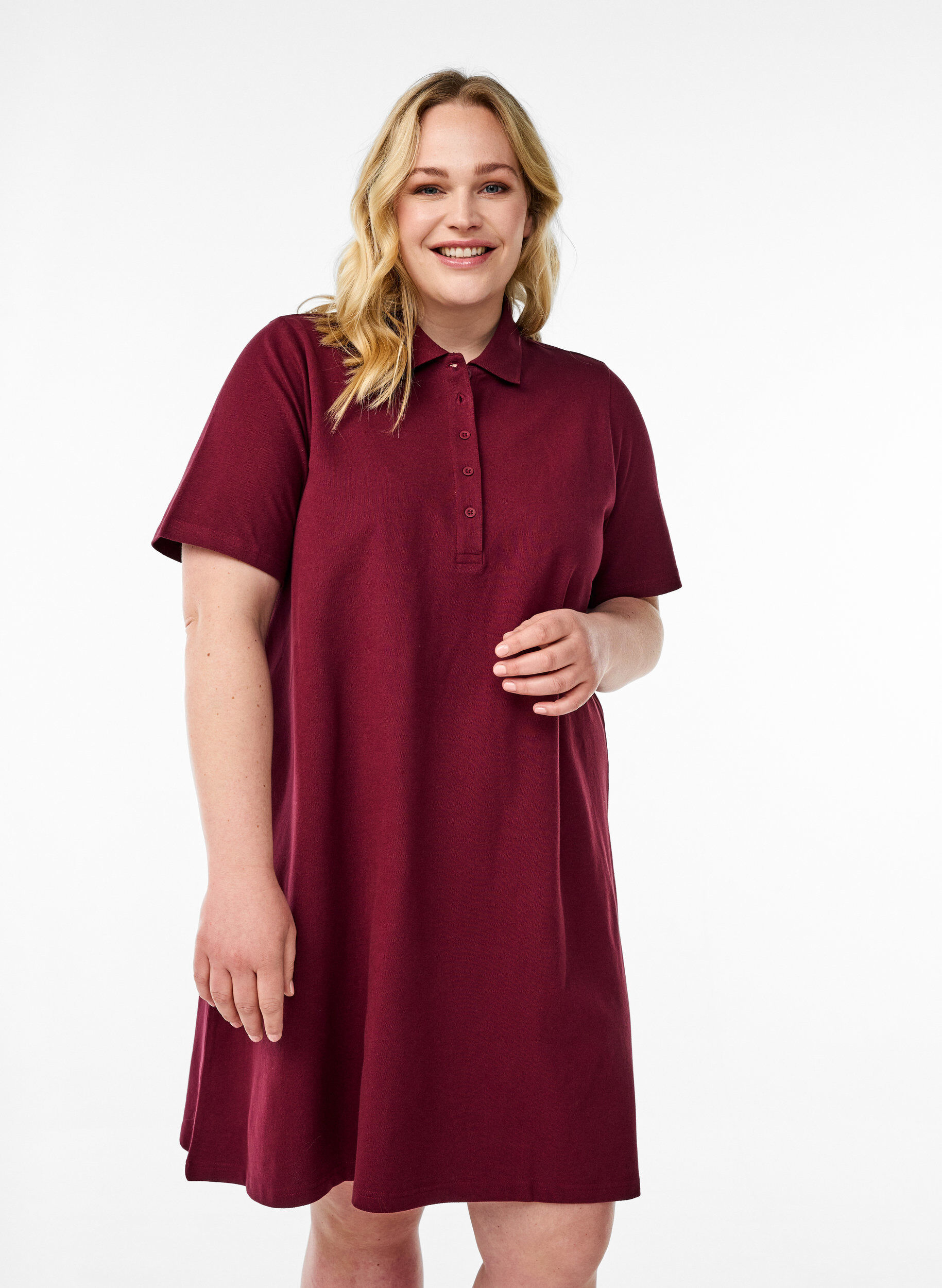 Zizzi Kurzes Polokleid im A-Linien-Schnitt, Dunkles Bordeaux, Model image number 0