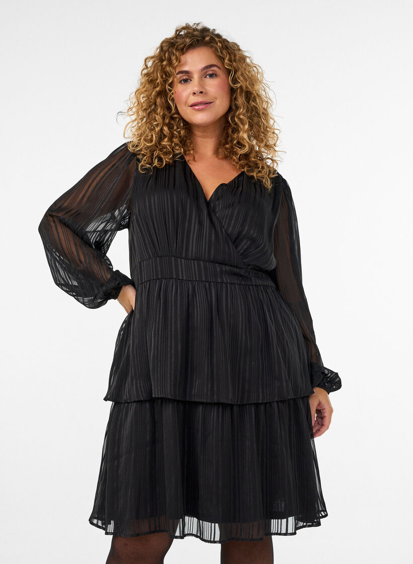 Robe longueur genou &agrave; rayures transparentes et effet portefeuille, Noir, Model image number 0