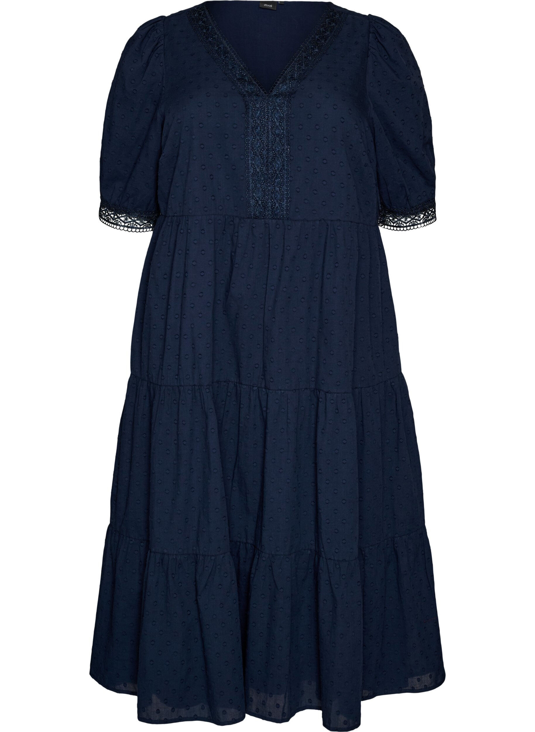 Zizzi Robe midi en coton textur&eacute; avec des d&eacute;tails en crochet, Bleu, Packshot image number 0