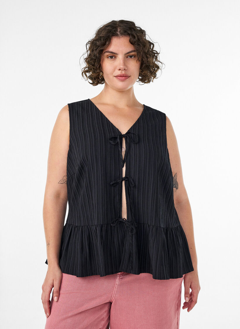 &Auml;rmellose Bluse mit Struktur und Bindeband, Schwarz, Model image number 0