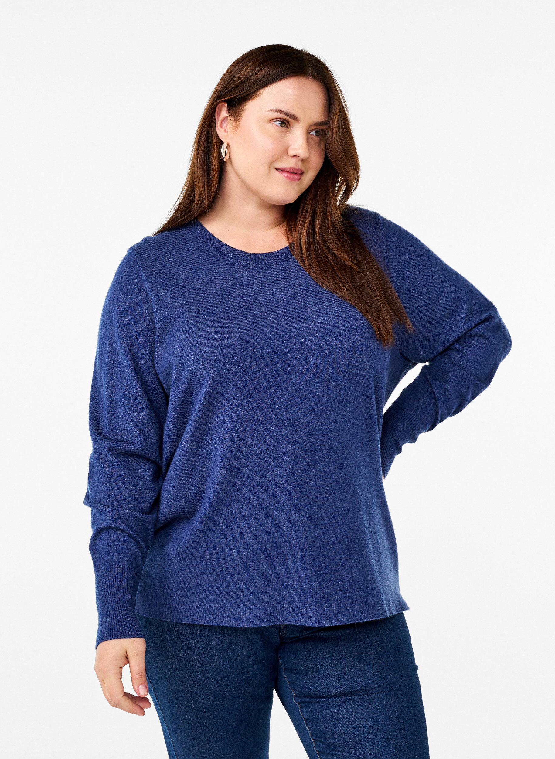 Zizzi Strickpullover mit Rundhalsausschnitt, Blau, Model image number 0