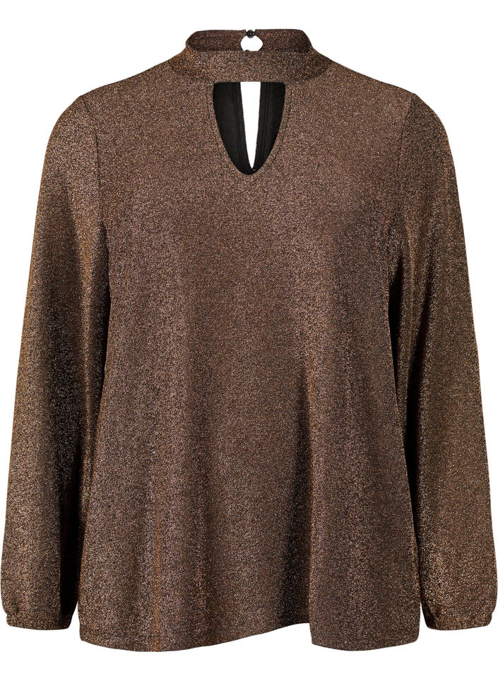 Blouse scintillante à manches longues avec décolleté arrondi et détail en V, Black Copper, Packshot image number 0