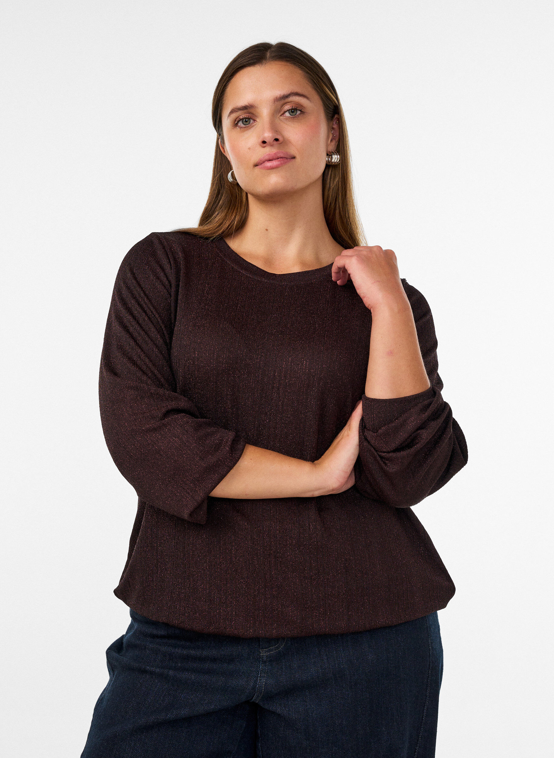 ZizziBlouse avec texture verticale et fils scintillants, Marron, Model image number 0