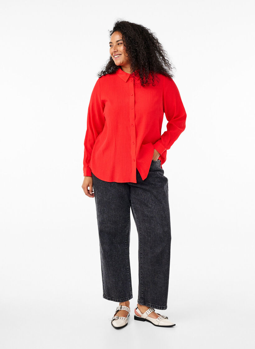 Chemise à texture rayée, Rouge, Model image number 1