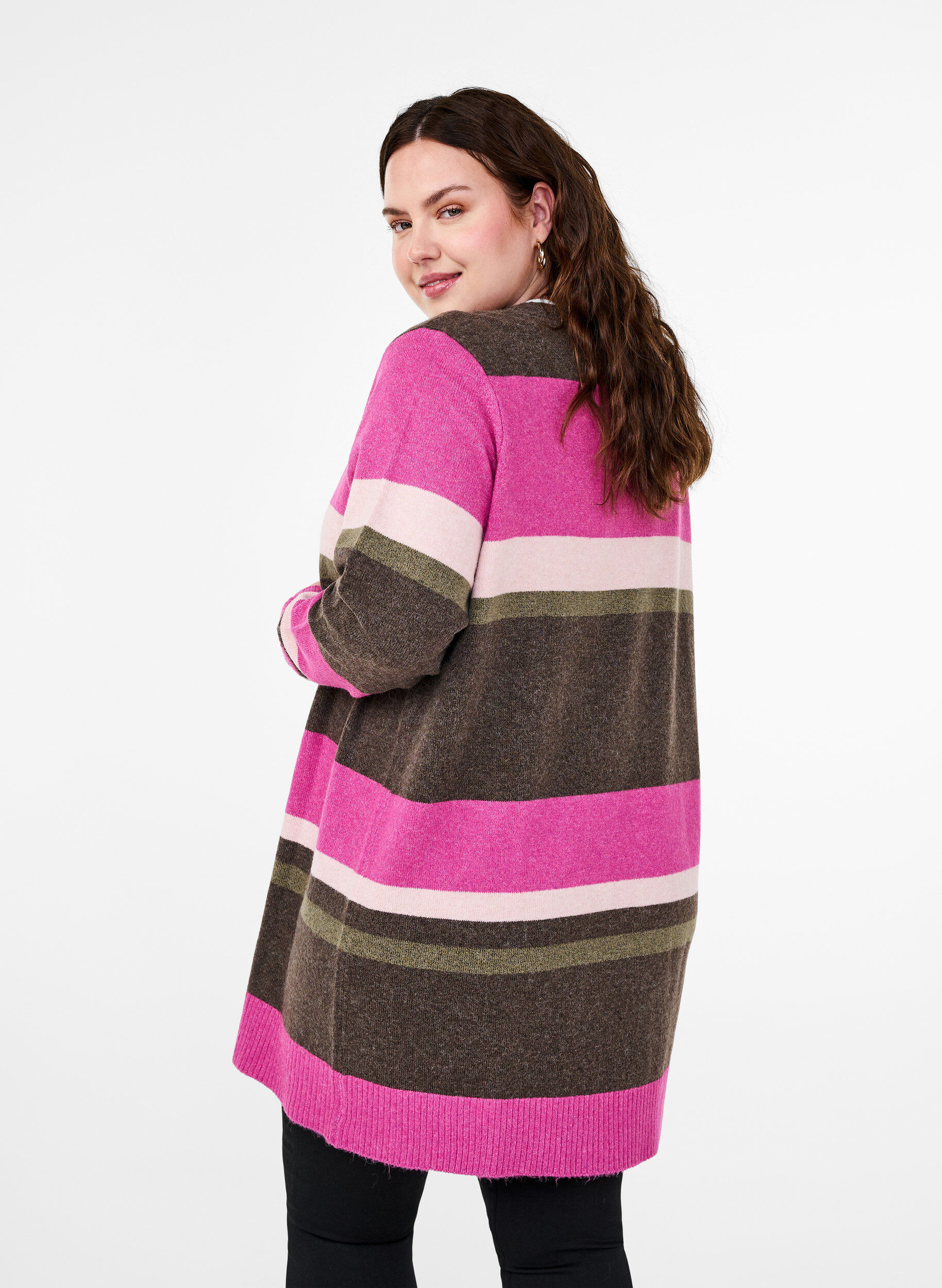 Zizzi Lange Strickjacke mit breiten Streifen, Pink, Model image number 2