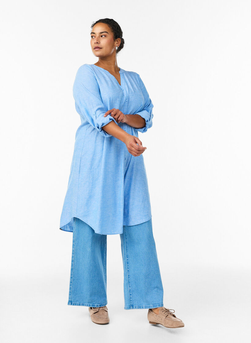 Chemise longue en lin et viscose, Bleu, Model image number 1