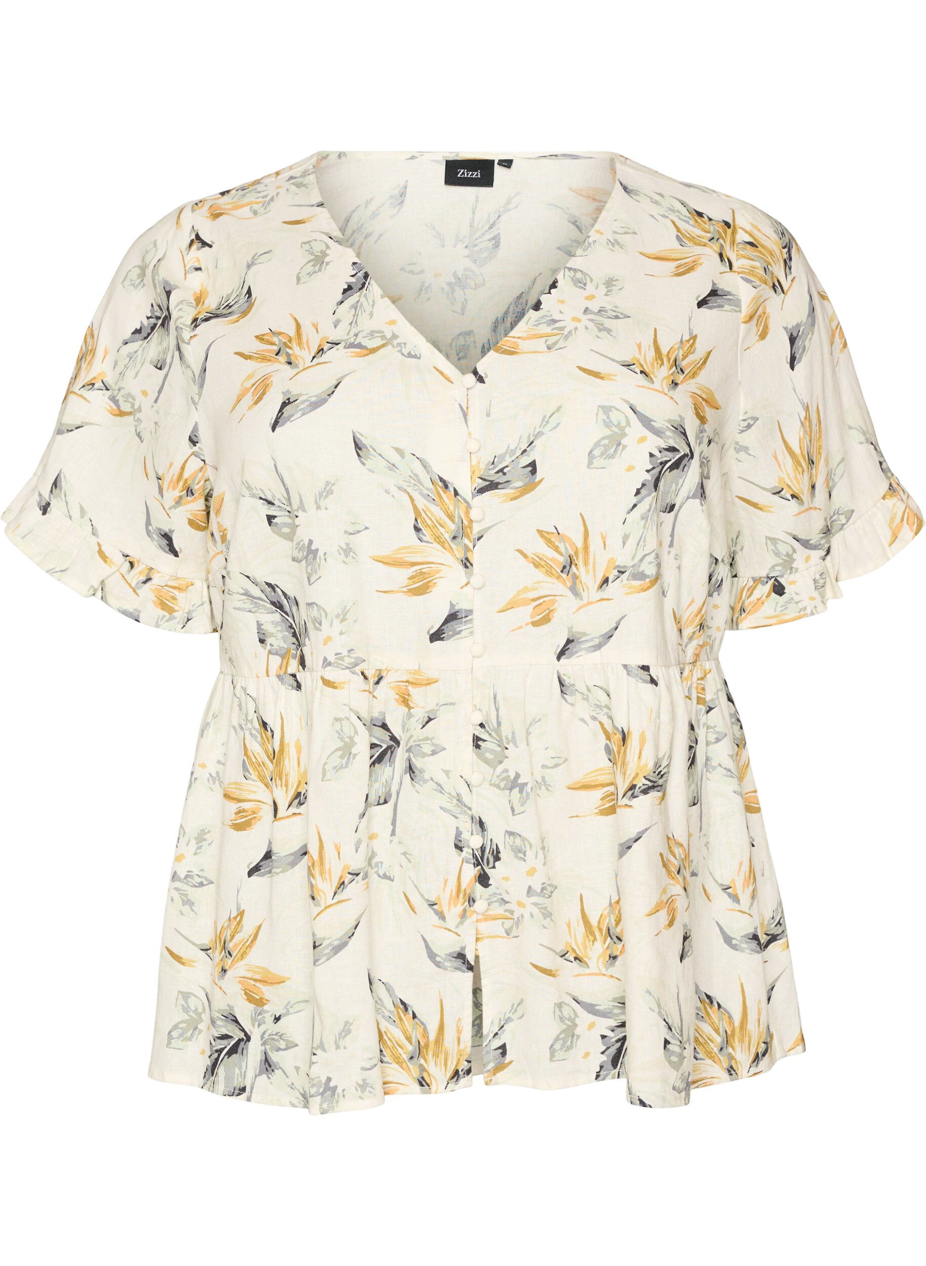 Zizzi Blouse en lin et viscose avec un col en V et une fermeture boutonn&eacute;e, Blanc, Packshot image number 0
