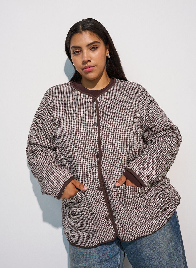 Steppjacke mit kleinem Karomuster und Kontrastbesatz, Braun, Model image number 0
