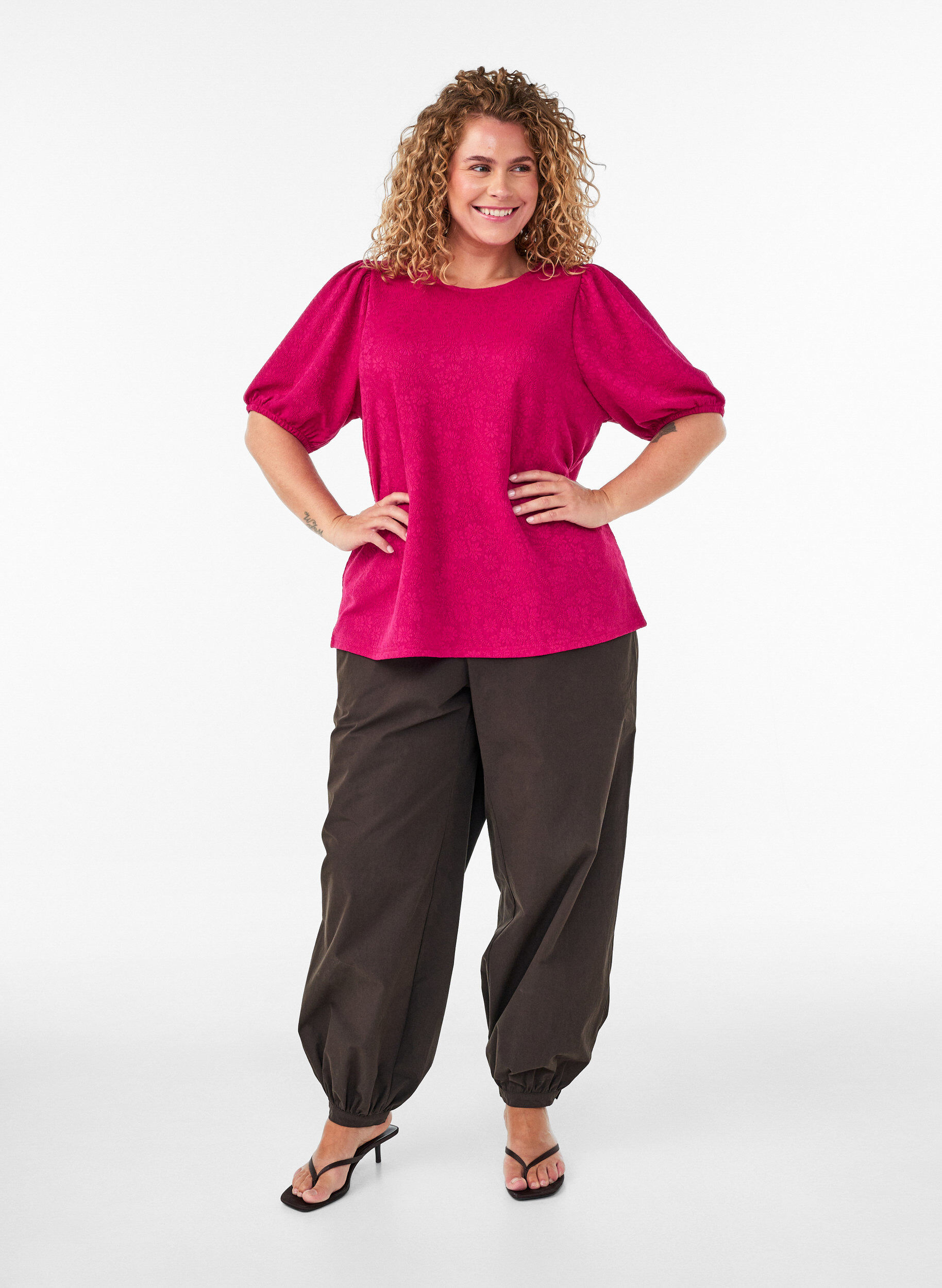 ZizziBlouse textur&eacute;e &agrave; manches courtes, Rose, Model image number 1