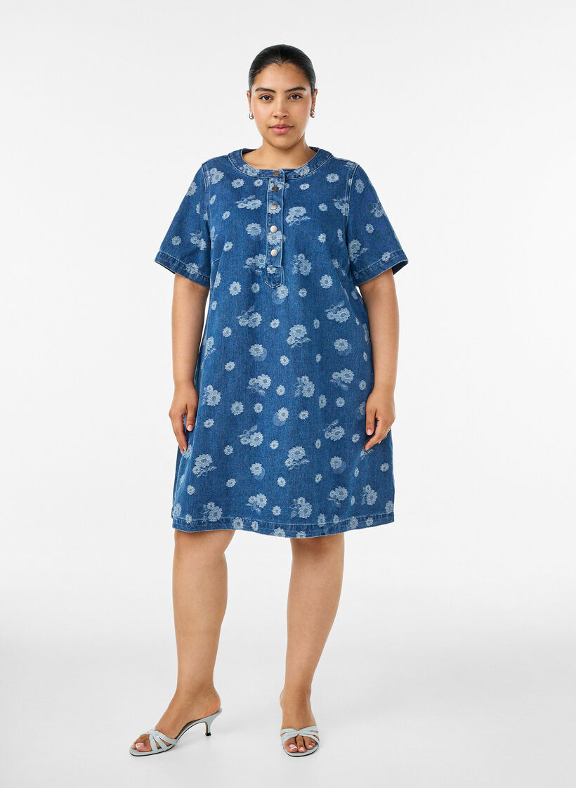 Robe en jean coupe &eacute;vas&eacute;e &agrave; motif floral, Bleu, Model image number 1