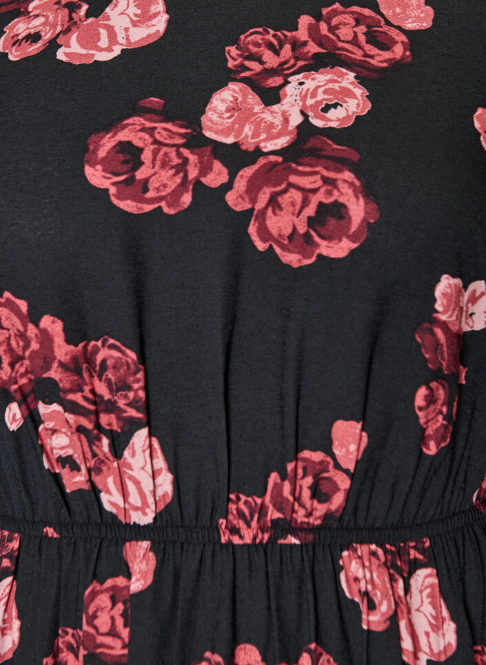 Midikleid mit Rosenprint und kurzen Ballon&auml;rmeln, Schwarz, Packshot image number 2