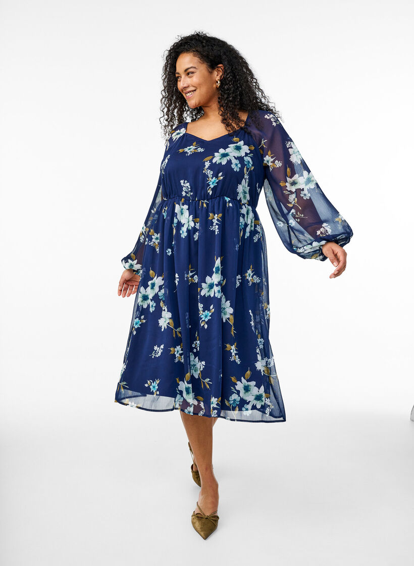 Robe de soir&eacute;e en mousseline &agrave; manches longues, Bleu, Model image number 0