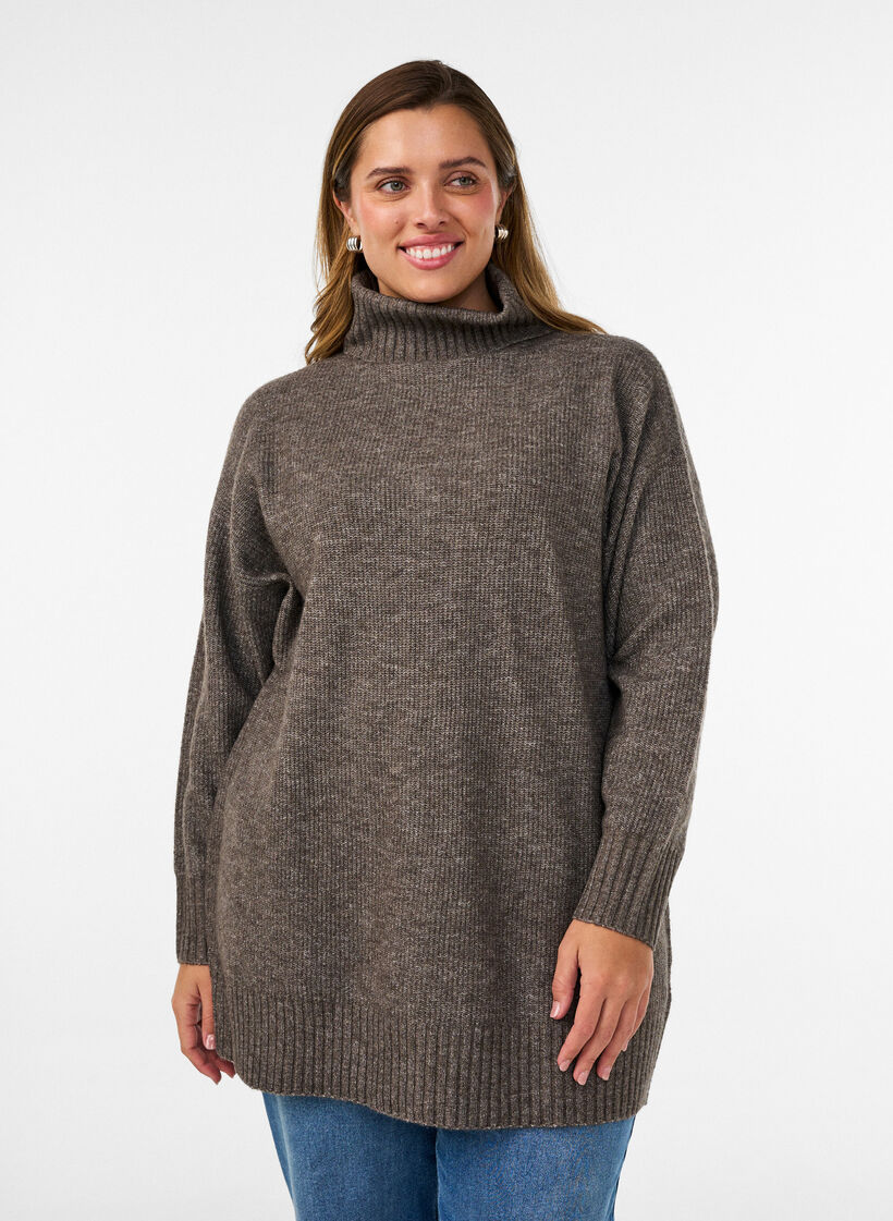 Locker gestrickter Pullover mit Rollkragen, Braun, Model image number 0