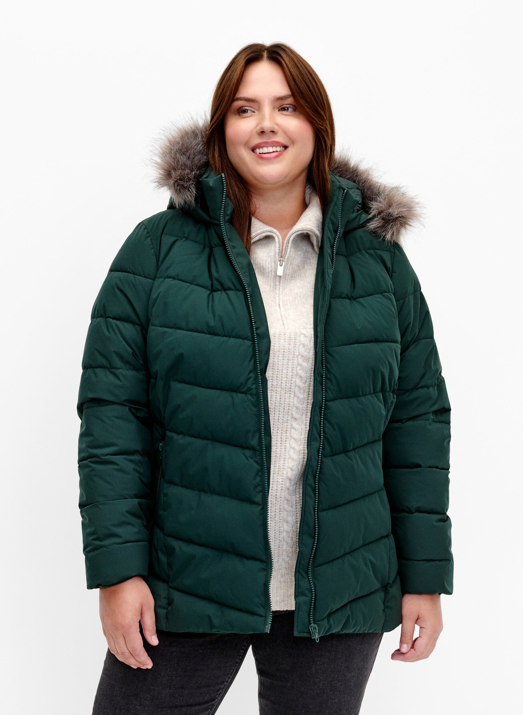 Kurze Steppjacke mit Kapuze, Gr&uuml;n, Model
