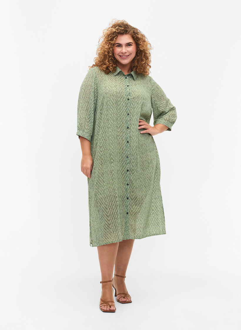 Gepunktetes Shirtkleid mit 3/4 Ärmeln und Schlitz, Seagrass Dot, Model image number 0