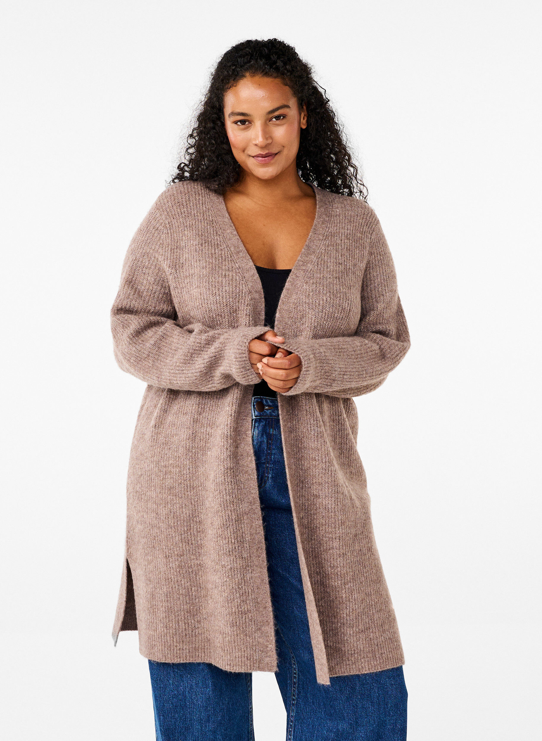 Zizzi FLASH - Gerippter Cardigan mit Schlitzen, Brown Lentil Melange, Model image number 0
