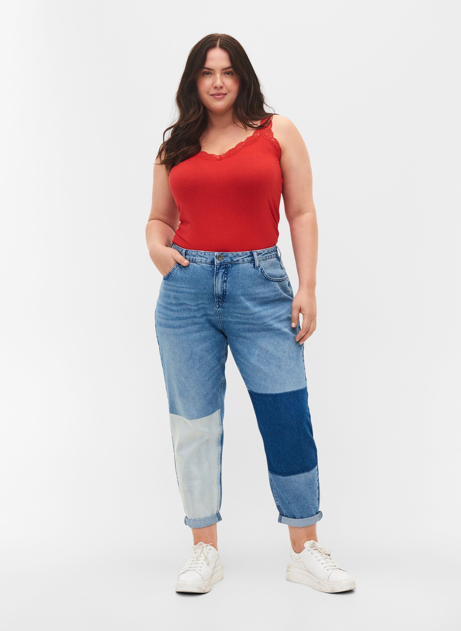 Zizzi Haut &agrave; dentelle 2-lots, Black/Chinese Red, Model image number 2