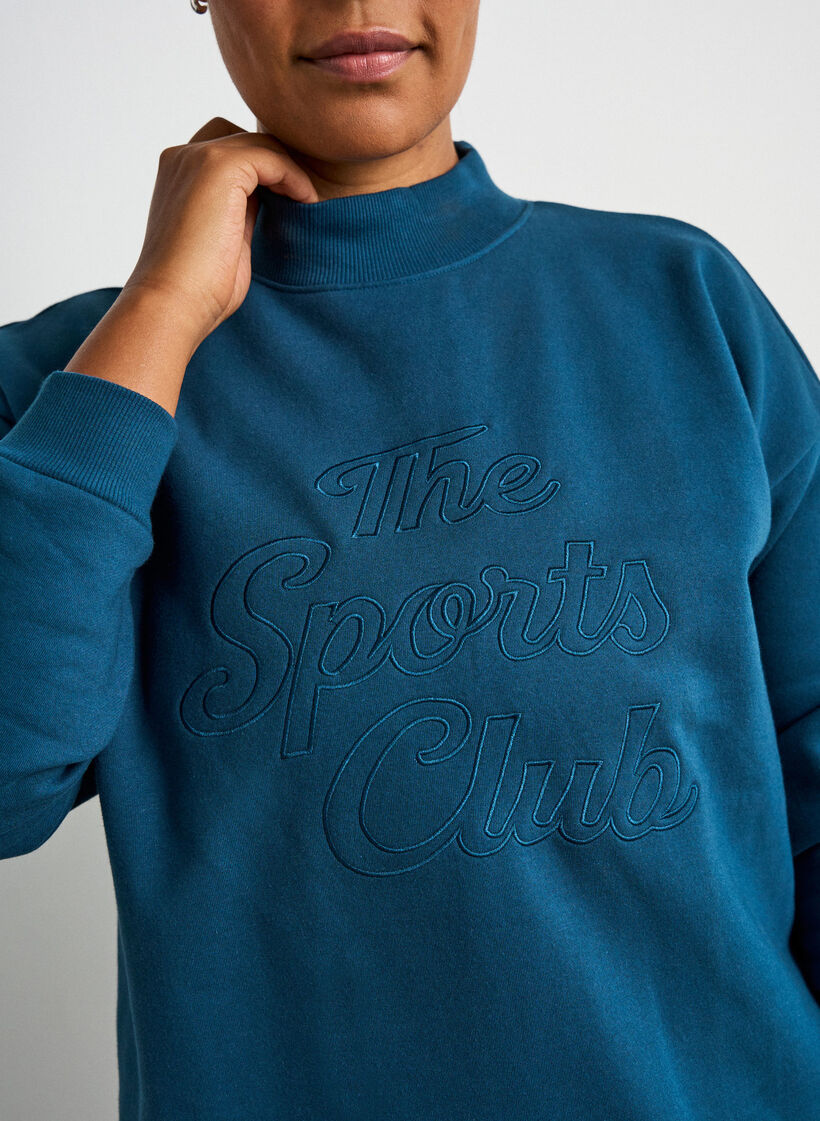 Langes Sweatshirt mit Stehkragen und gesticktem Text, Blau, Model image number 3