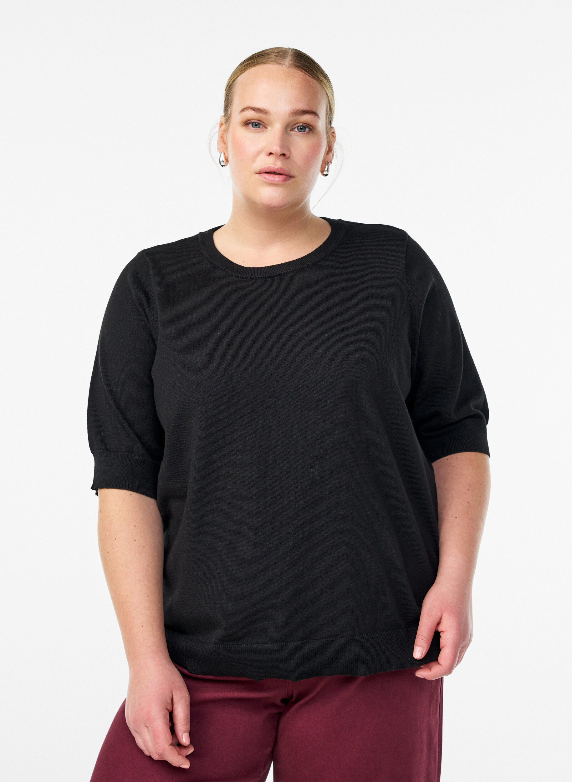 Blouse en fine maille &agrave; manches courtes, Noir, Model