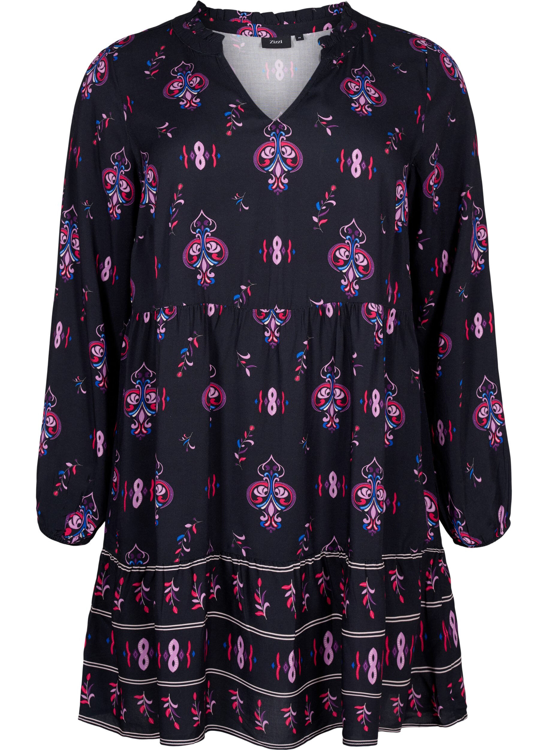 Zizzi Robe &agrave; manches longues en viscose avec imprim&eacute;, Black Pink AOP, Packshot image number 0