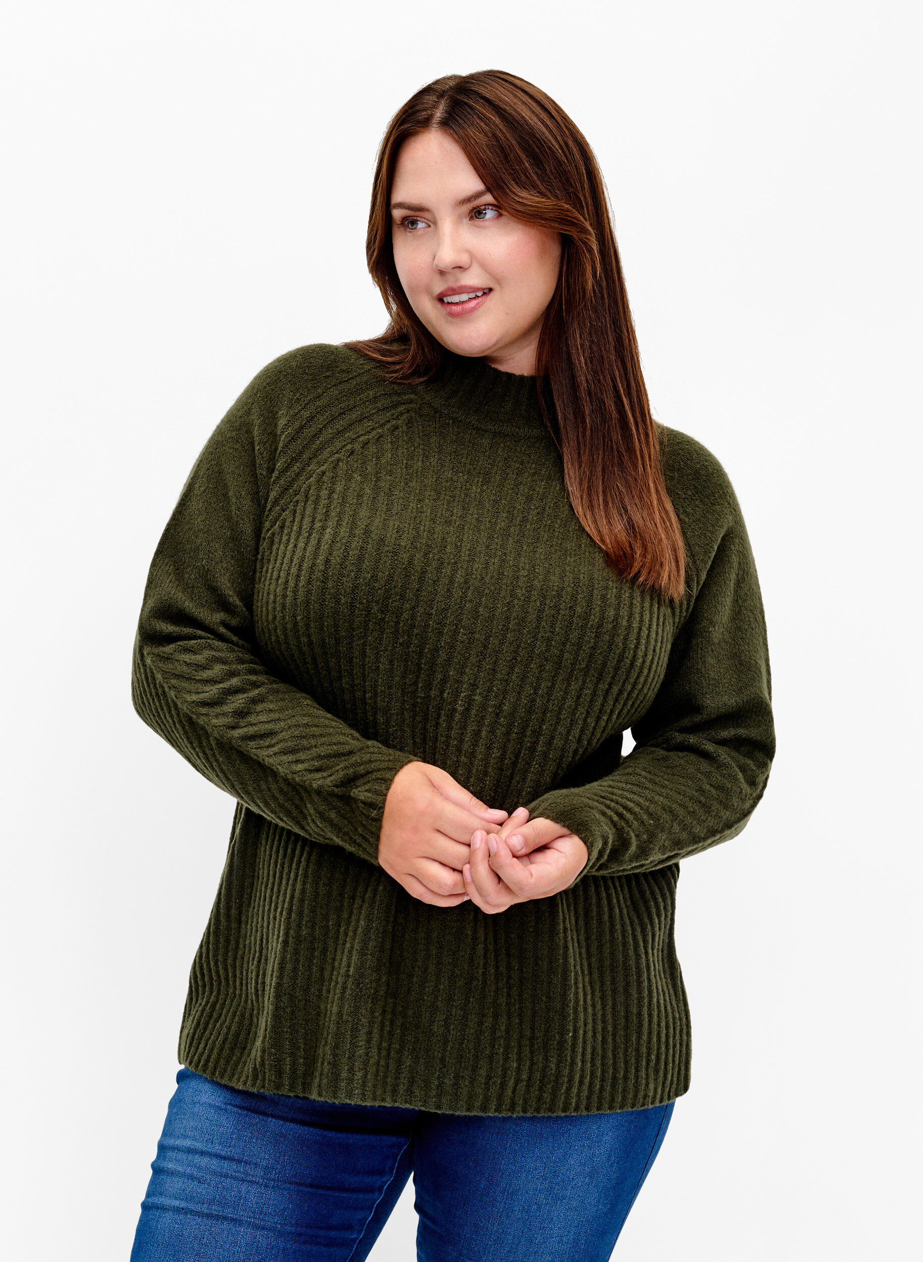 Zizzi Rollkragenpullover mit Rippstruktur, Forest Night Mel., Model image number 0